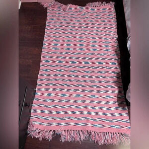 Vintage Granny Rectangle Afghan Throw Blanket 78.5X44 Pink Blue White Tassles